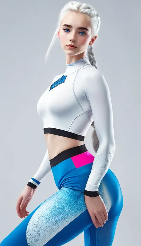 15 year old girl with white hair up ,White skin, blue eyes and with lycra and white top full body 