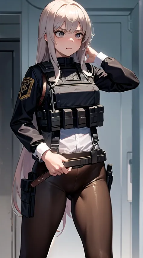 Masterpiece,a girl with Semi-auto rifle,bulletproof vest,tactical,brown leggings,long straight hair,(scared:1.4)