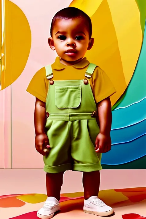 Portrait of a cute boy, 5-6 years old, with gray short bob-cut hair, big dark green eyes, and chubby bow lips. He is wearing a light yellow jumpsuit. The image is in a watercolor style, 4K, with high detail and ultra-realistic quality. Full body, full figu...