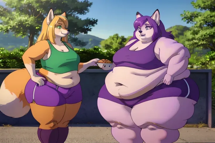 A duo of two clean morbidly obese female foxes who are both friends and are both giant and only hungry for food.
She-Bulk - A orange-and-white fox who has yellow hair, green eyes and wears a pink top with short purple jeans.
BulkRoo - A purple fox who has ...