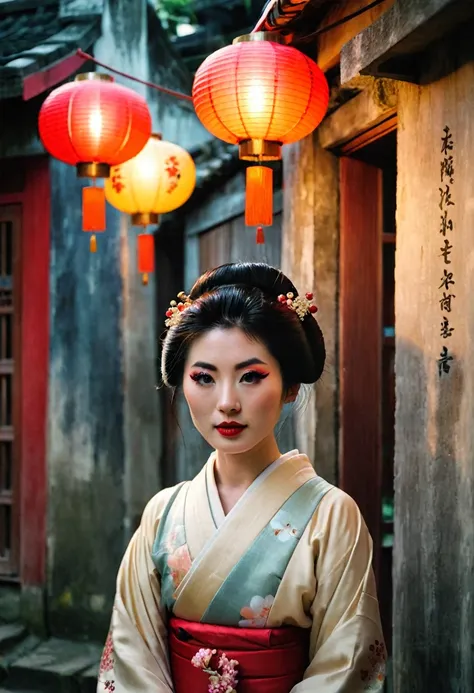 half body, front view, cinematic portrait movie scene, julibrary 3: a beautiful young geisha in the streets of hanoi, grungy wal...