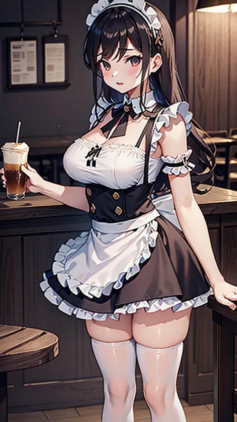 coffee shop background，coffee shop background，indoor background，tables and chairs，bar，maid girl，wearing a maid outfit，big breast...