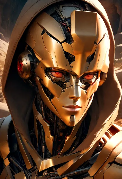 sharpened man in white and gold hooded armor, detailed portrait of a cyborg, close-up portrait of cyborg, portrait of a futuristic robot, male cyborg military commander, attractive science fiction face, Artificial intelligence, portrait of cyborg, portrait...