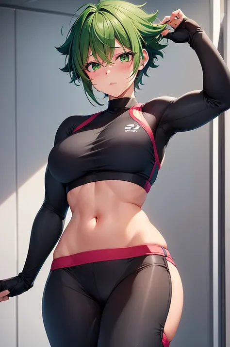 Craft a highly detailed, high-quality image featuring Izuku Midoriya as a girl with a shorter hairstyle, radiating confidence in a gym-ready ensemble. Visualize her with her trademark green hair now styled into a chic short cut, framing her face with effor...