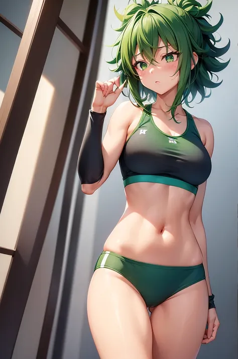 Craft a highly detailed, high-quality image featuring Izuku Midoriya as a girl with a shorter hairstyle, radiating confidence in a gym-ready ensemble. Visualize her with her trademark green hair now styled into a chic short cut, framing her face with effor...