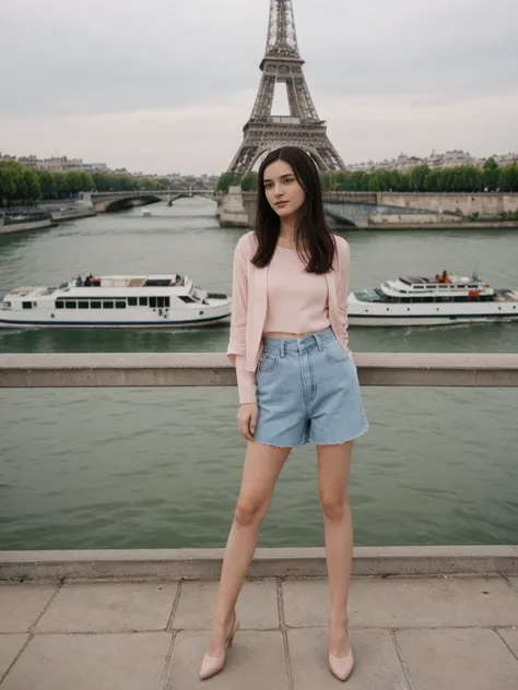 her name is Amelie, high quality, 1girl, ((20-year-old fit Caucasian woman)), ((20 years old)), ((fit)), ((Long Shag dark hair)), pose: standing, wearing unique Generation-Z modern wear pastel colored, BACKGROUND:Standing on a bridge over the Seine River, ...