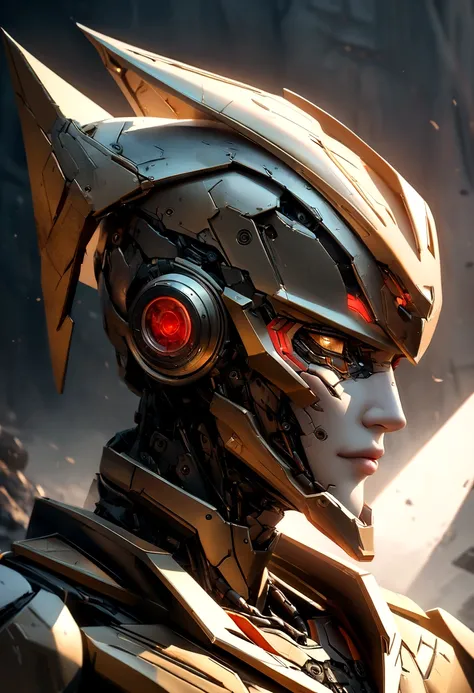 sharpened man in white and gold hooded armor, detailed portrait of a cyborg, close-up portrait of cyborg, portrait of a futuristic robot, male cyborg military commander, attractive science fiction face, Artificial intelligence, portrait of cyborg, portrait...