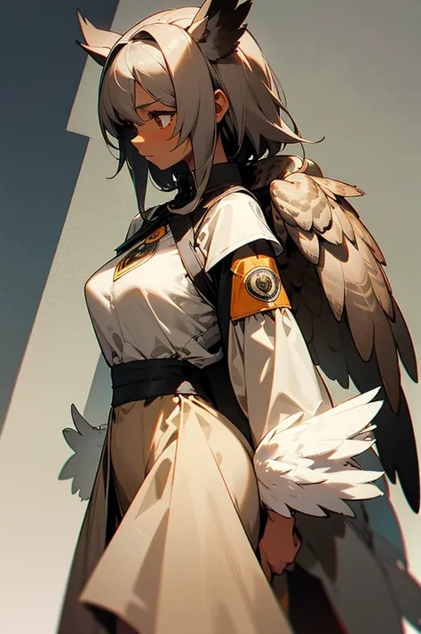 *Photo of a semi-human woman with slightly gray-brown skin, owl ears hidden in my hair, and under my shirt on my torso my big breasts with soft plumage like that of a chick and my hair is gray and short and wings on my back that are small