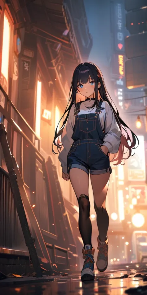 1 girl, long hair, black hair, straight hair, short bangs above brows, blue eyes, 
BREAK (masterpiece), (high resolution 8K), cinematic lighting, professional lighting, detailed eyes and face, detailed body, 
BREAK overalls, fullbody