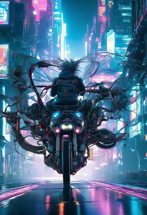 detailed cyberpunk bike, futuristic bikes, running on the road, bike seen from behind, one person riding a bike, intricate detai...