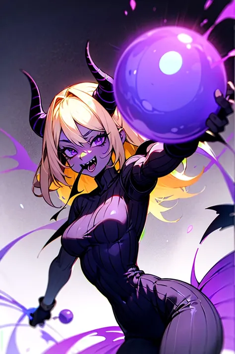 black demon woman with black skin, purple stripes, purple eyes, short black horns, terrifying mouth, purple energy, purple ripped pants, tail, dark gray cape, blonde hair with black, with two purple balls with white stripes in one hand