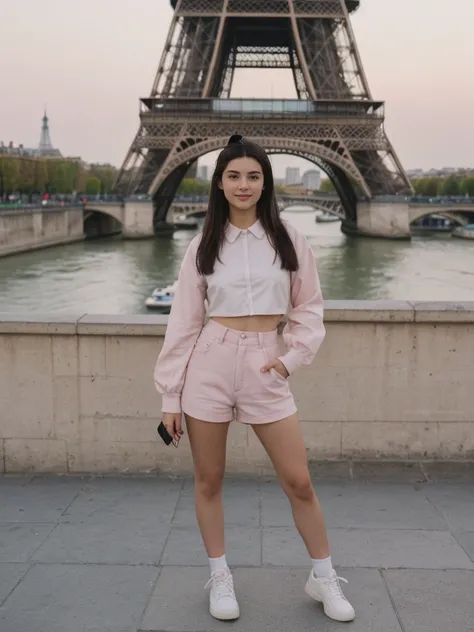 her name is Amelie, high quality, 1girl, ((20-year-old fit Caucasian woman)), ((20 years old)), ((fit)), ((Half-Up Bun dark hair)), pose: standing, wearing unique Generation-Z modern wear pastel colored, BACKGROUND:Standing on a bridge over the Seine River...