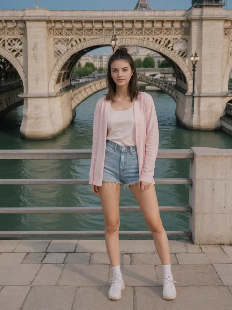 her name is Amelie, high quality, 1girl, ((20-year-old fit Caucasian woman)), ((20 years old)), ((fit)), ((Half-Up Bun dark hair)), pose: standing, wearing unique Generation-Z modern wear pastel colored, BACKGROUND:Standing on a bridge over the Seine River...