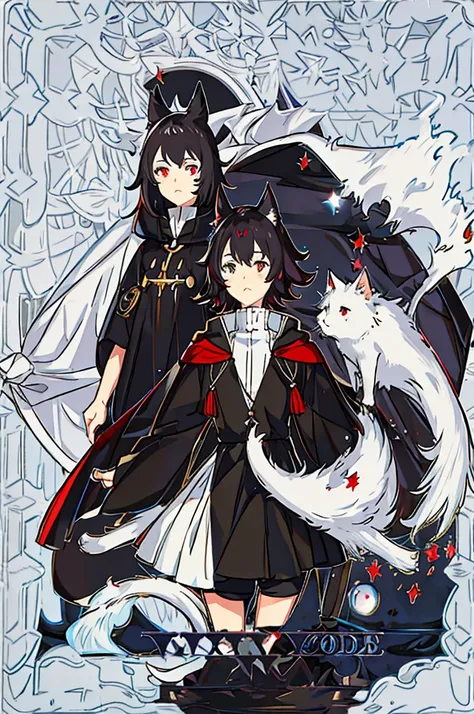 Black Hair少年，Around fifteen years old，Black Hair，Cat ear，Cat tail，Purple cloak，Heterochromia，Red left eye，Blue right eye，White shirt，Purple cloak，Standing，whole body，For the audience，White background，masterpiece，HD，4K，Detailed facial depiction，Black trouse...