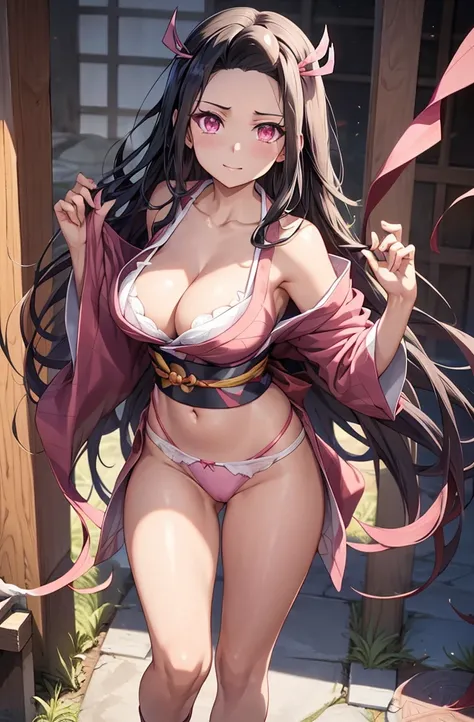 1girl, 1girl nezuko full body, Nezuko Kamado, Nezuko Kamado demon slayer, kamado nezuko, (anime: demon slayer), sexy, female body, perfect body, fullbody, pink enchanting eyes, black hair, black long hair, sexy, perfect body, wearing: revealing kimono, kim...