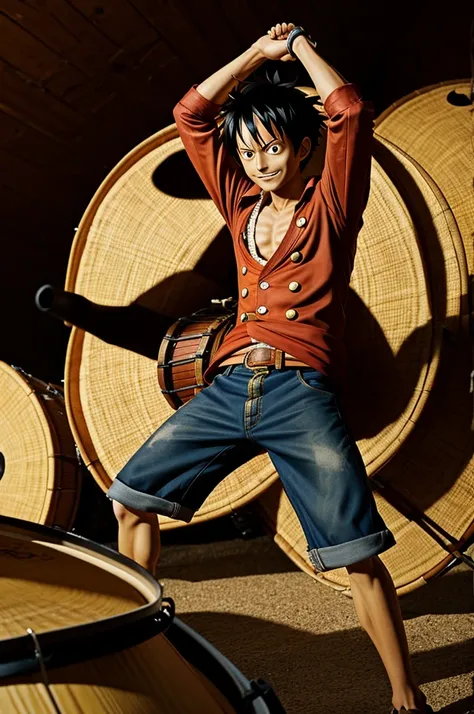 Luffy de One Piece, in dark clothes playing drum