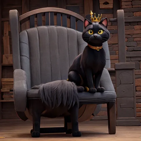 Black cat wearing a crown standing on a throne