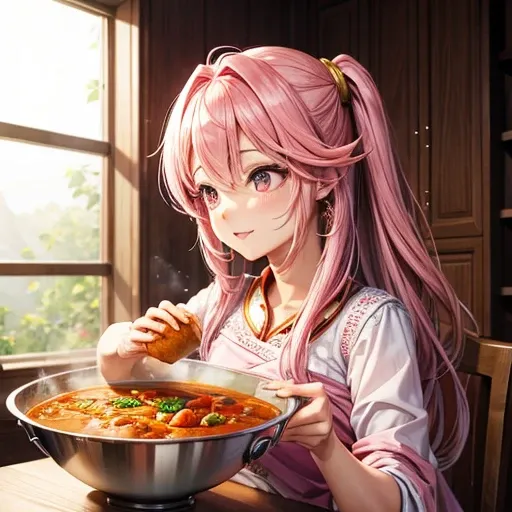 Pink haired goddess eating seafood curry　Indian traditional clothing　