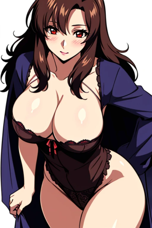 (beautiful detailed eyes:1.5, beautiful detailed face:1.2, beautiful detailed hair), Murrue Ramius, 1woman, red eyes, blush, (nsfw, sexy, Curvy), (brown hair, long hair, bangs), (sagging large breasts:1.5), (negligee:1.5), (upper body:1.5, standing), (Perf...