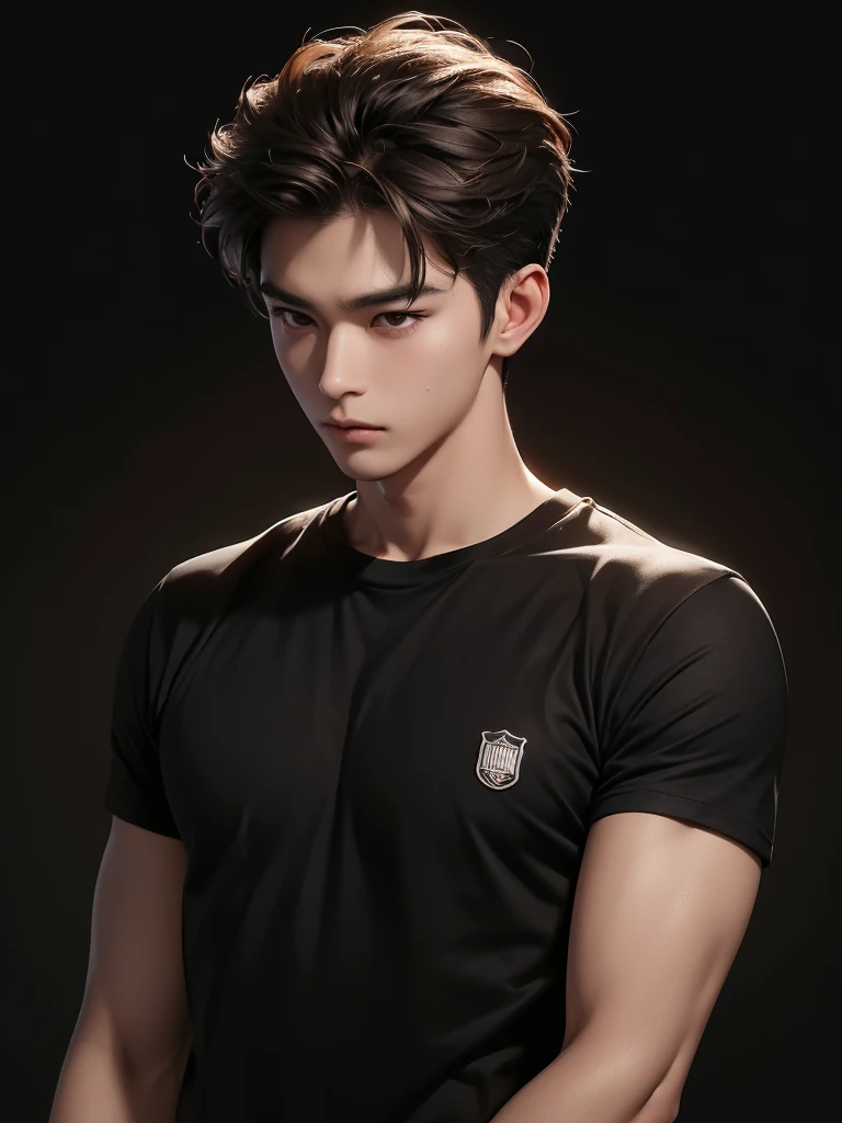 ((best quality, 8K, masterpiece: 1.3)), (sharp focus: 1.2), Korean Men, matchless, brown hair, Temptation, Calm head, black shirt, black background, White skin, natural expression, looking down, Asian face, sporty