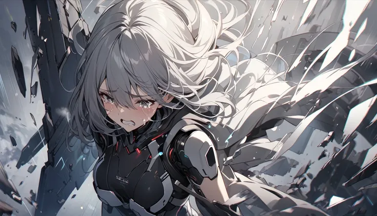 (Highest quality), Android,Girl,Grey Hair,Breaking,Tears,ephemeral