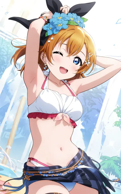 (masterpiece, best quality, highres), 1girl, medium hair, medium breasts, bikini, swimsuit, arms up, hands up, armpits, white background, id_honoka_kosaka, front view