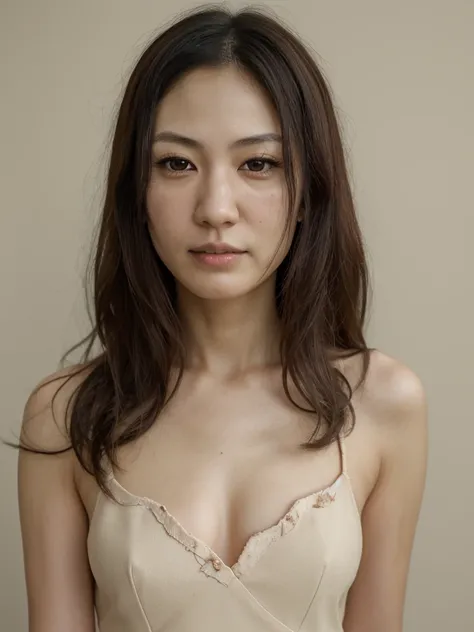 1girl, solo, photorealistic, realistic, middle age, a 30-year-old woman, ordinary mature woman, Japanese woman, Japanese woman, Japanese face, body of 30-year-old woman, ((ugly:1.6)), curly black hair, long hair, dark eyes, small nose, pointy jawline, deep...