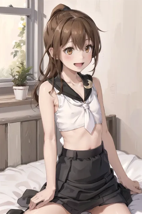 (masterpiece), (Highest quality), (Super detailed), ((Very delicate and beautiful)), One girl, 独奏, July, Cowboy Shot, Black Sailor Suit, White neckerchief, Crescent Pin, (very long hair), ponytail, smile, Flat Chest, belt, Black Skirt, chestnut mouth, Sitt...