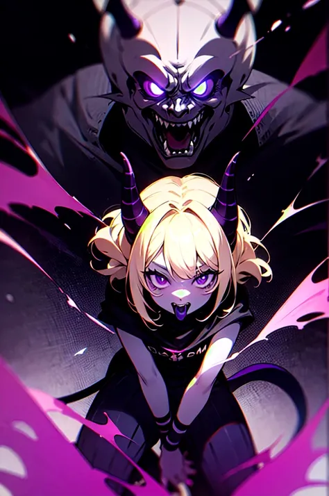 black demon woman with black skin, purple stripes, purple eyes, short black horns, terrifying mouth, purple energy, purple ripped pants, tail, dark gray cape, blonde hair with black, with two purple balls with white stripes in one hand