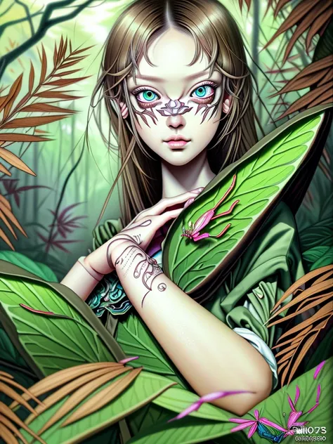 traptrixmantis,short,mantis sleeve,solo, 1girl,full body,sitting,forest background,masterpiece,solo,beautiful detailed eyes,finely detail,detailed face,vivid color,5 fingers,finely detailed,hyper detailed,detailed hand,8k,finely detailed beautiful eyes,hig...