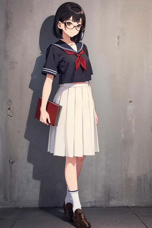 Anime Art、Full body portrait、high school student、A well-built woman, about 175cm tall and about 18 years old, wearing a short-sleeved sailor uniform, walking with a book、Smiling、Hairstyle is medium、Black Hair、Glasses、Brown eyes、Flat chest、loafers、Thicker l...