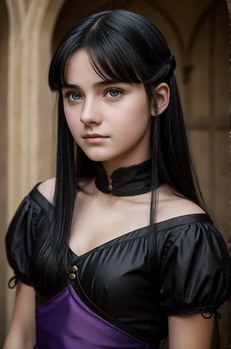 Realistic photograph of a 15 year old girl with black hair and violet eyes from the middle ages