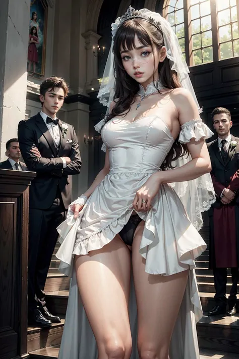 (A girl in a wedding dress and two men in formal attire are drawn realistically, accurately and reliably.)、Inside the church、Beautiful 17 year old girl in a wedding dress、A realistic and accurate depiction of a woman having her legs held up by two men on e...