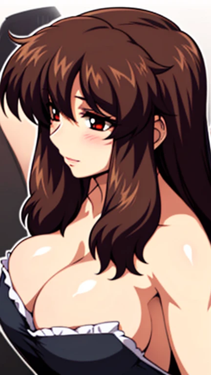 (beautiful detailed eyes:1.5, beautiful detailed face:1.2, beautiful detailed hair), Murrue Ramius, 1 woman, red eyes, blush, (nsfw, sexy, Curvy), (brown hair, long hair, bangs), (sagging large breasts), (negligee:1.5), (upper body:1.5), standing, (Perfect...