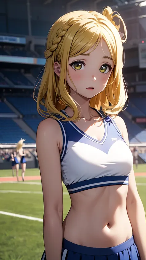 medium breasts, ohara mari, hair rings, blonde hair, yellow eyes, crown braid, medium hair,  (cheerleader:1.2, collarbone, midri...