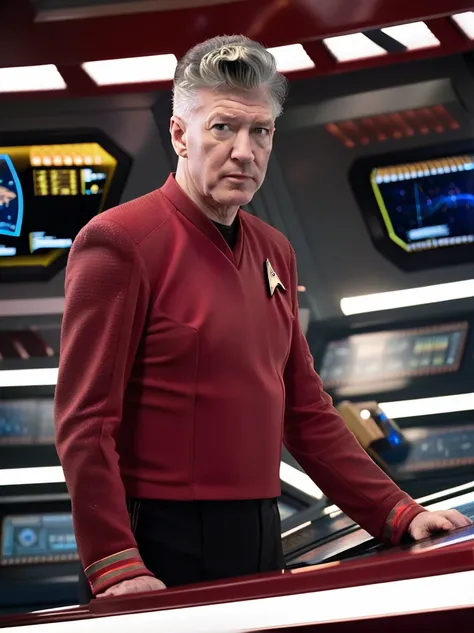 david lynch in red stsnwunf uniform,on starship bridge,