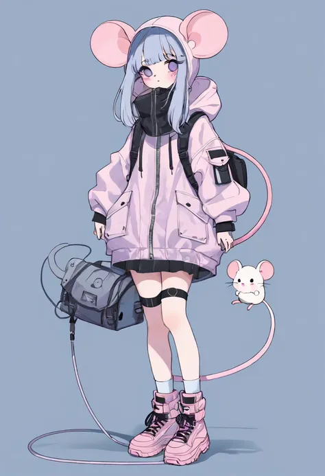 fashion, dress, cute, aesthetic, pastel, mouse girl, full body, techwear