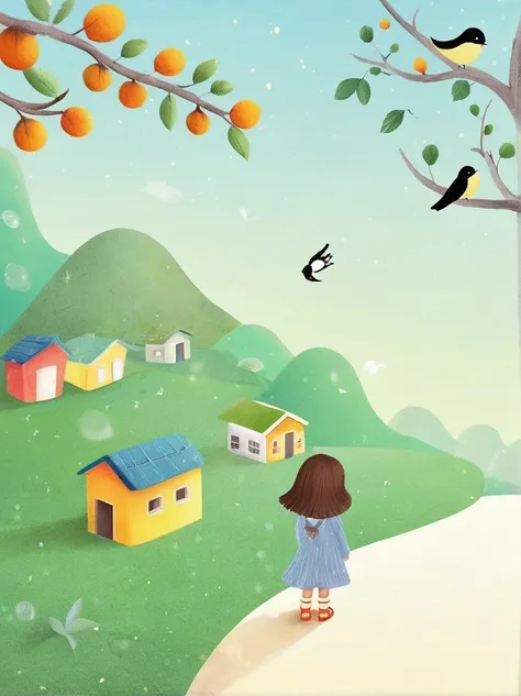 digital illustration art，funny illustration of a little girl，many houses are decorated on the head，trees，root，a little swallow w...