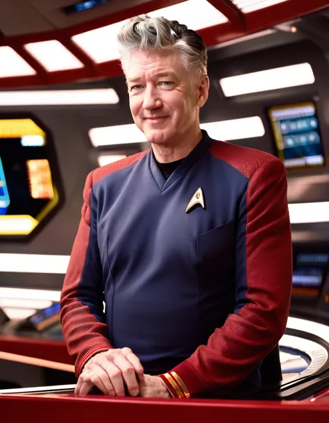 david lynch in red stsnwunf uniform,on starship bridge, smiling, friendly,