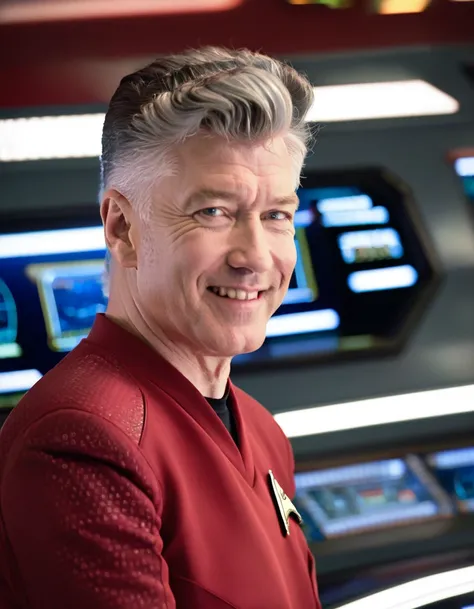 david lynch in red stsnwunf uniform,on starship bridge, smiling, friendly,