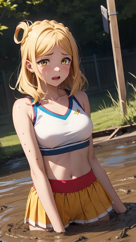 medium breasts, ohara mari, hair rings, blonde hair, yellow eyes, crown braid, medium hair,  (cheerleader:1.2, collarbone, midri...