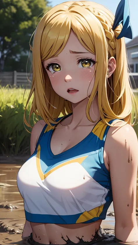 medium breasts, ohara mari, hair rings, blonde hair, yellow eyes, crown braid, medium hair,  (cheerleader:1.2, collarbone, midri...