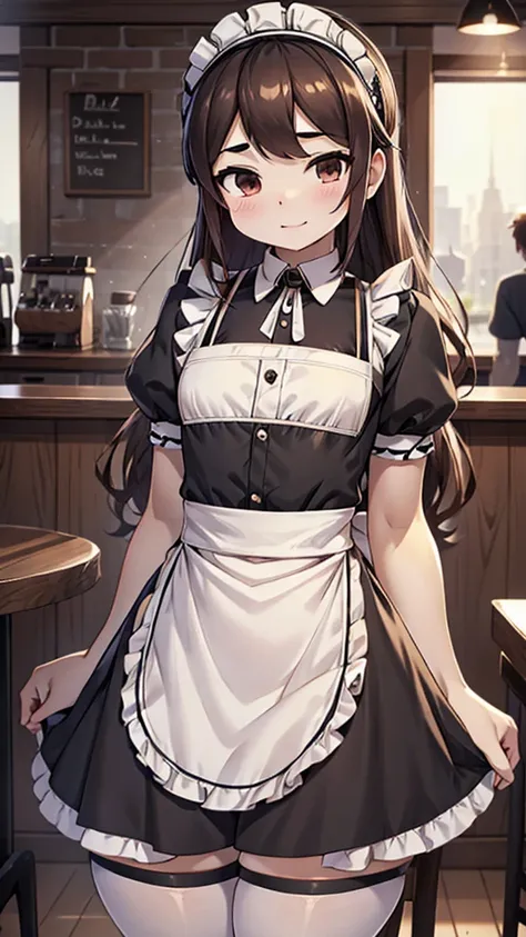 coffee shop background，coffee shop background，indoor background，tables and chairs，bar，maid girl，wearing a maid outfit，maid headb...