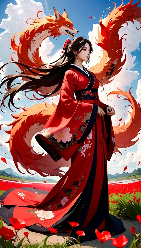 (Mythical Beast), Nine-tailed Fox, Dynamic body shape, (Chinese Monster), Handsome, splashed Ink, Chinese, 1 Girl, ((whole body), ((2.5D)), Flowing hair, Double tail, beautiful eyes, Exquisite eyes, Delicate silhouette, Fantasy Art, (Black and red ancient ...