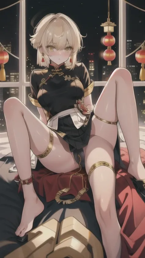 White short haired woman, with yellow eyes, mostrando os peitos, legs open showing pussy, with an angry face and a provocative look, Wearing traditional Chinese imperial clothing in gold and black, with red Hanafuda earrings, with a short red skirt. On you...