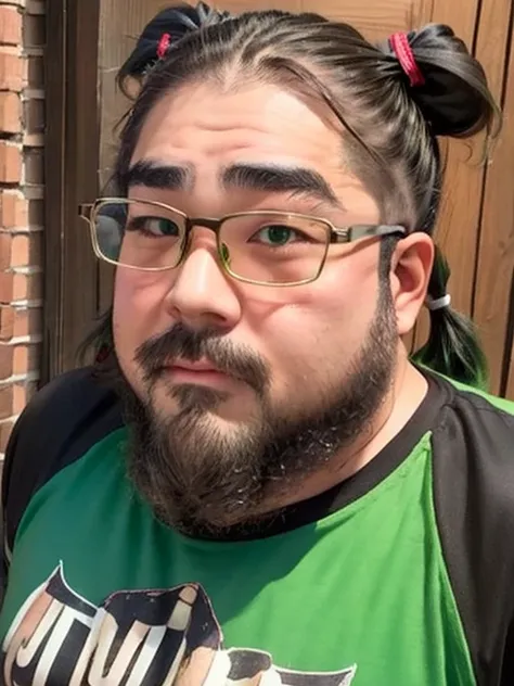 Glasses, beard, Brown eyes, Fat face, 1 boy, Fashion Model, ((Twin tails)), (long hair), (Cowboy Shot), ((Green Hair)), (Black T-shirt)