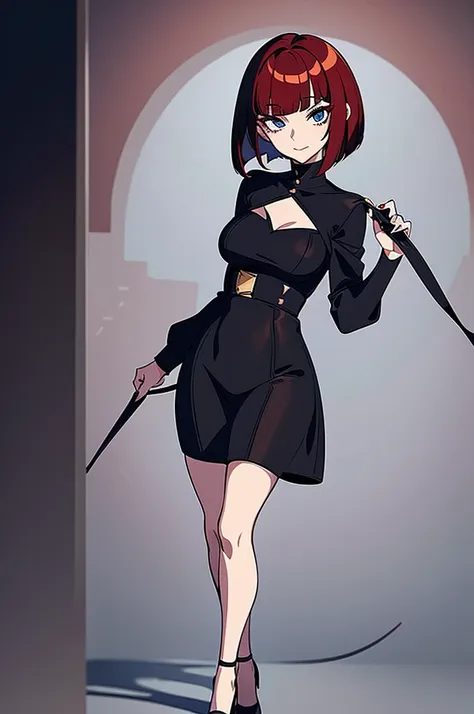 a beautiful girl with red hair wearing a black dress, detailed facial features, bob haircut, full body illustration, woman weari...