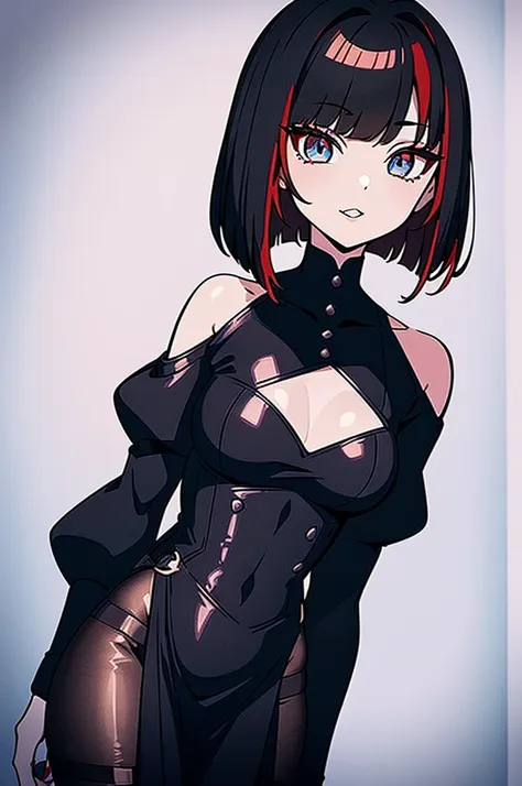 a beautiful girl with red hair wearing a black dress, detailed facial features, bob haircut, full body illustration, woman weari...