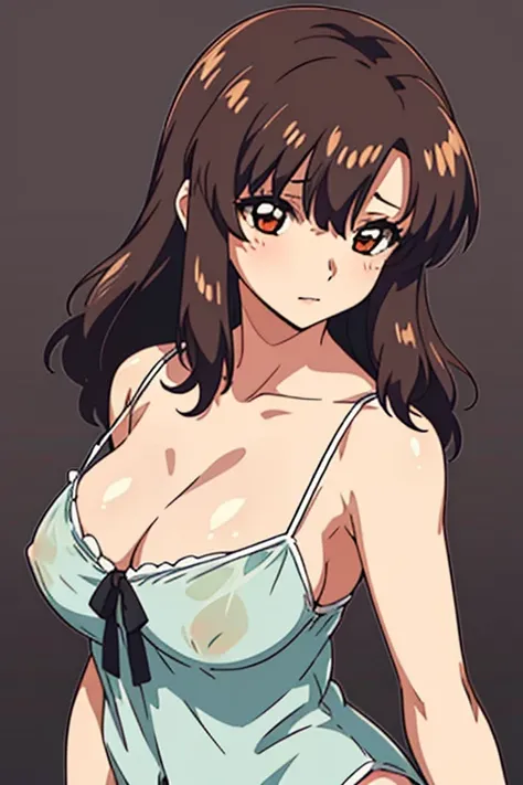 (beautiful detailed eyes:1.5, beautiful detailed face:1.2, beautiful detailed hair), Murrue Ramius, 1 woman, mature, milf, red eyes, blush, (nsfw, sexy, Curvy), (brown hair, long hair, bangs), (sagging large breasts), (negligee:1.5), (upper body:1.5), stan...