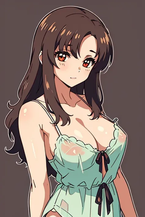 (beautiful detailed eyes:1.5, beautiful detailed face:1.2, beautiful detailed hair), Murrue Ramius, 1 woman, mature, milf, red eyes, blush, (nsfw, sexy, Curvy), (brown hair, long hair, bangs), (sagging large breasts), (negligee:1.5), (upper body:1.5), stan...